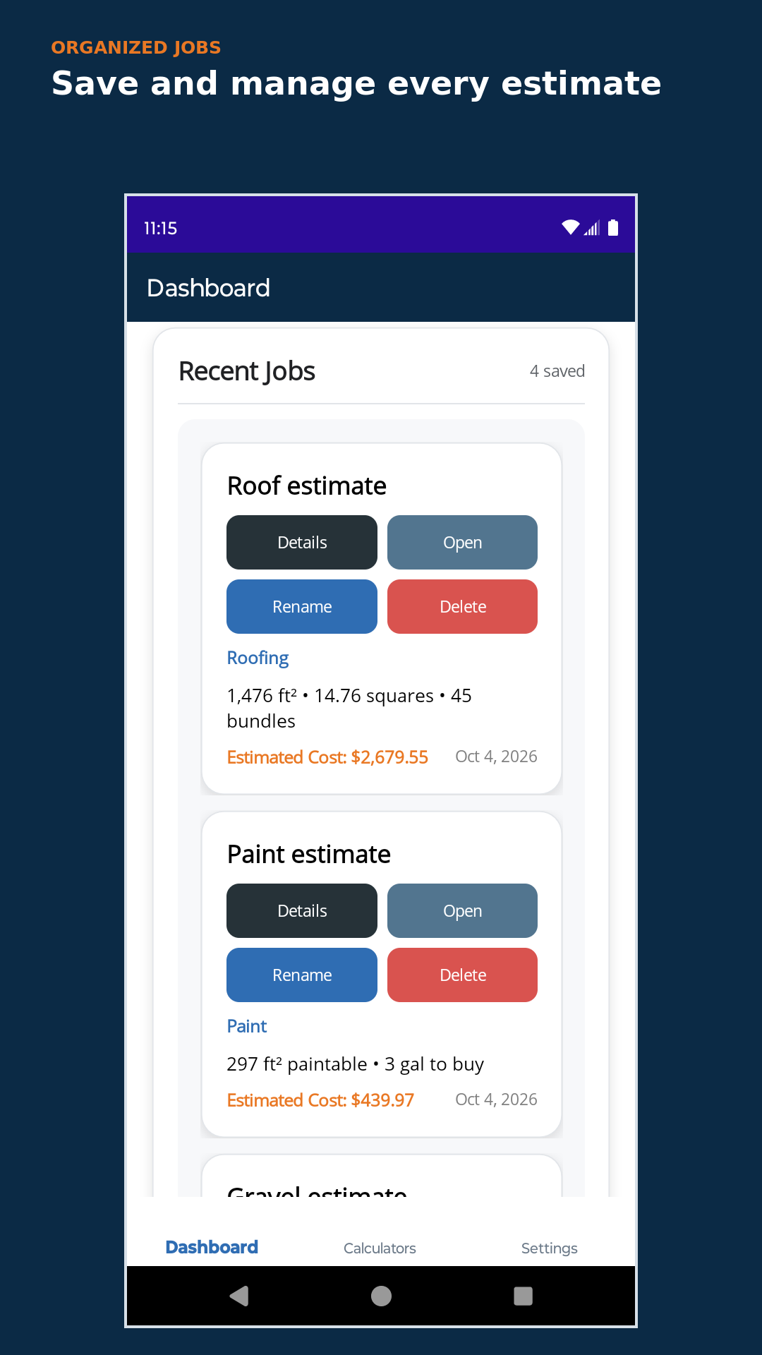 Vardex dashboard showing saved roofing and paint estimates