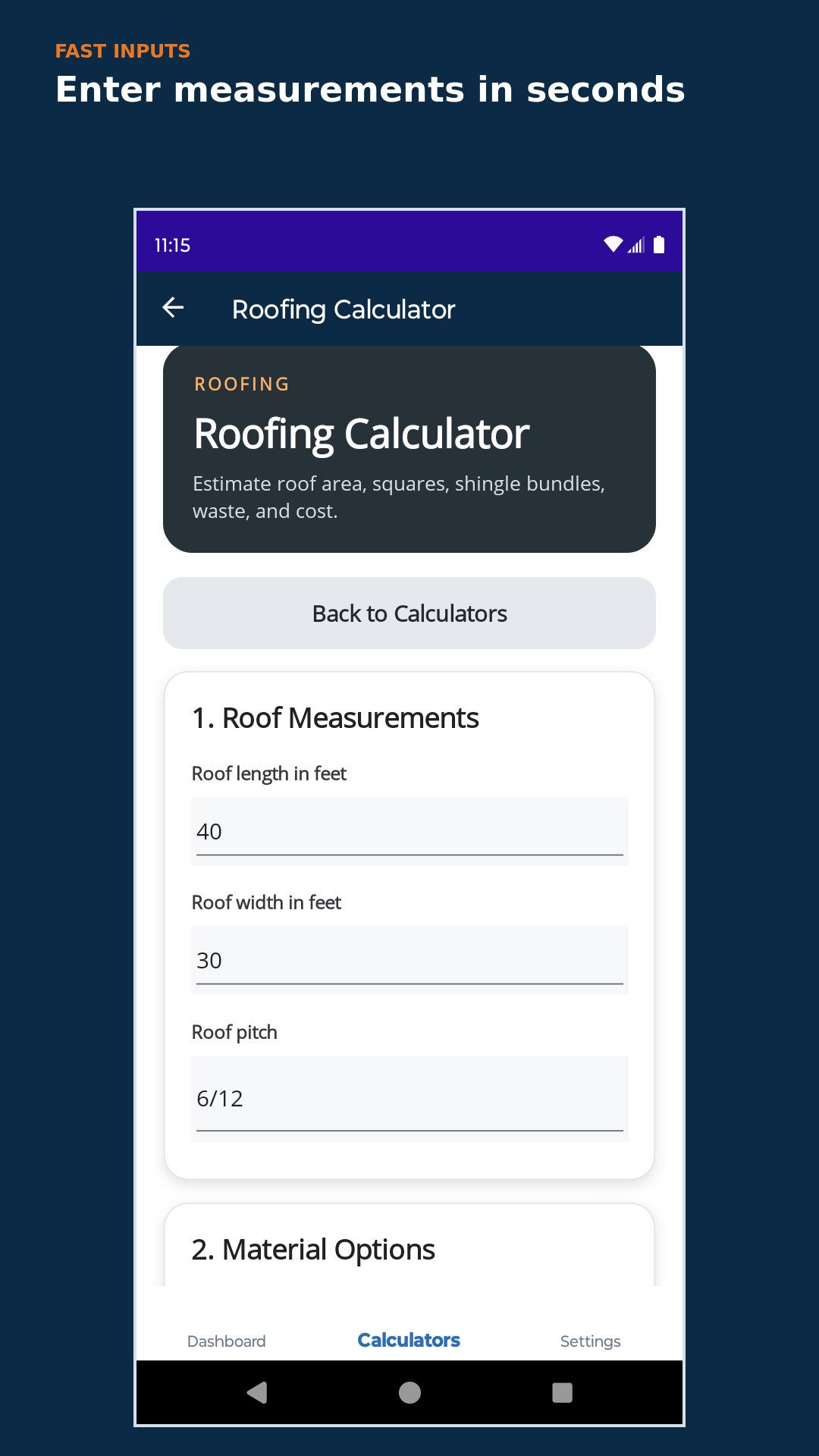Roofing calculator measurement inputs