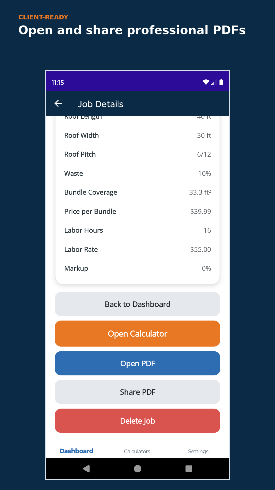Saved job details with PDF export actions