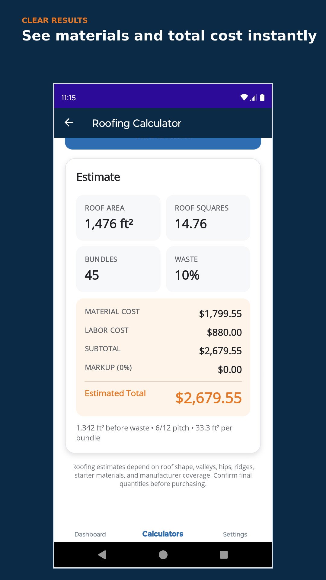 Vardex roofing estimate with roof area, squares, bundles, and total cost